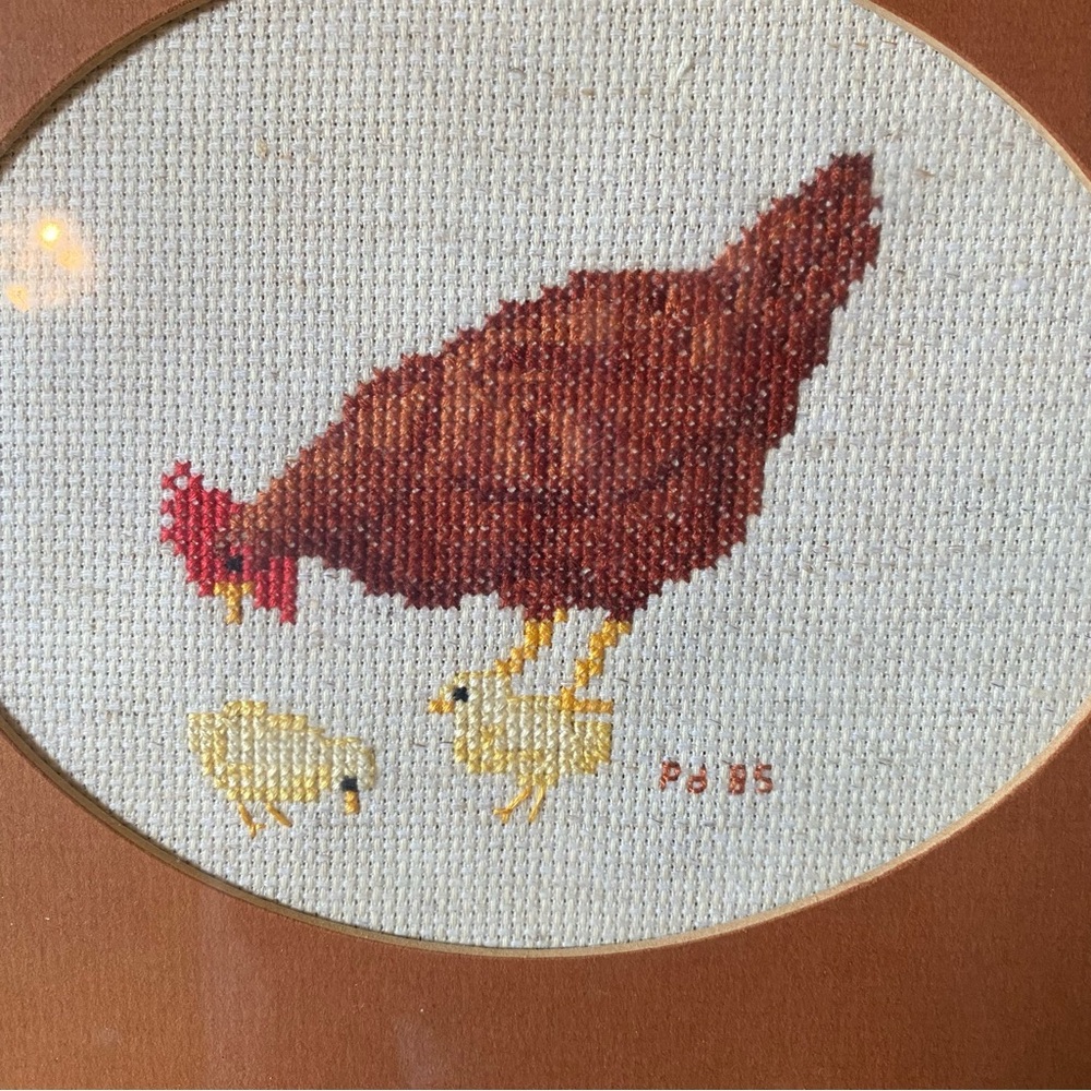 2 Vintage Handmade Cross Stitch Rooster & Chicken Wood Frame Cottagecore 11”x9” - Picture 5 of 10